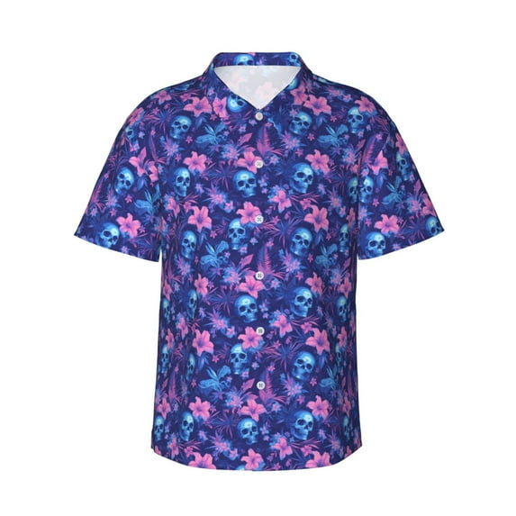 Pofeuu Blue Skull Leaf Print Hawaiian Shirt for Men Sleeves Casual Button Down Summer Beach Dress Shirts T-Shirts,XX-Large