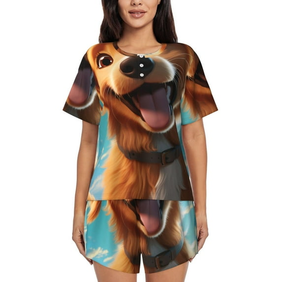 Pofeuu Blue Sky Cute Dog Print Women's Pajama Set Short/Shorts Soft Button PJs Elastic Drawstring Waist Sleepwear-X-Large