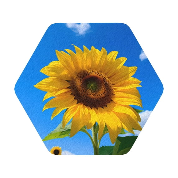 Pofeuu Blue Sky Sunflower Print Leather Coasters Set of 6, Round Cups Mugs Mat Pad for Home Kitchen Heat Resistant Drink Coasters,Hexagon