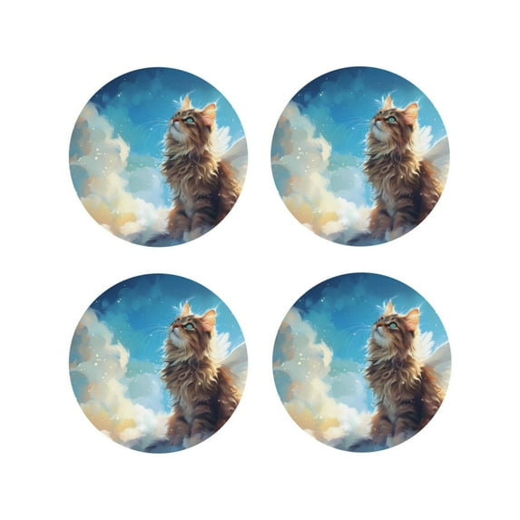 Pofeuu Blue Sky Winged Cat Print Coasters for Drinks, 4Pack PU Leather Coasters, Bar Drink Coasters for Tabletop Protection, Furniture from Damage-Round Shape