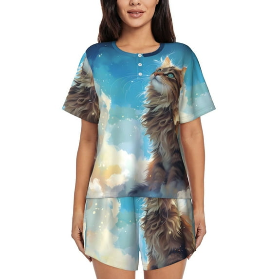 Pofeuu Blue Sky Winged Cat Print Women's Pajama Set Short/Shorts Soft Button PJs Elastic Drawstring Waist Sleepwear-Large
