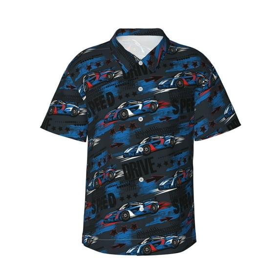 Pofeuu Blue Sports Car Print Hawaiian Shirt for Men Sleeves Casual Button Down Summer Beach Dress Shirts T-Shirts,Medium