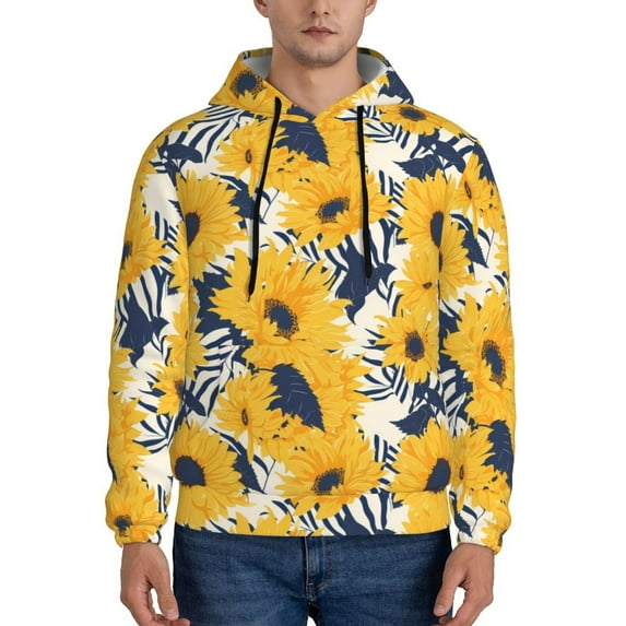 Pofeuu Blue Striped Sunflower Print Mens Casual Hooded Collar Drawstring Hoodies Pullover Sweatshirts Casual Long Sleeve Shirts-4X-Large
