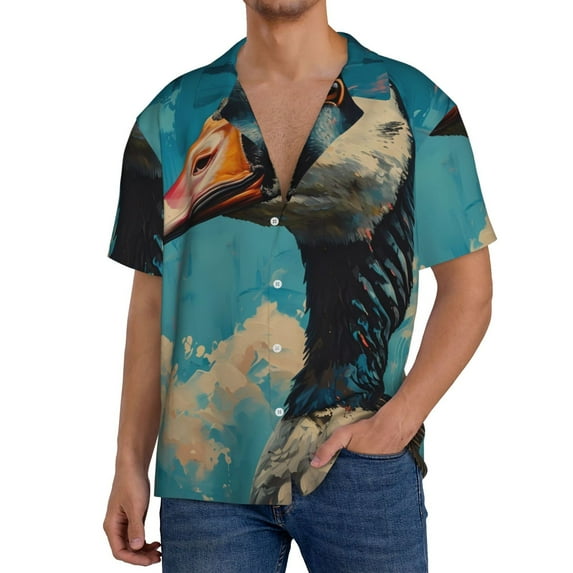 Pofeuu Blue Watercolor Duck Print Mens Casual Short Sleeve Shirts Beach Summer Spread Collar Pocket Tops Men's Casual Short-sleeved Shirt-4X-Large