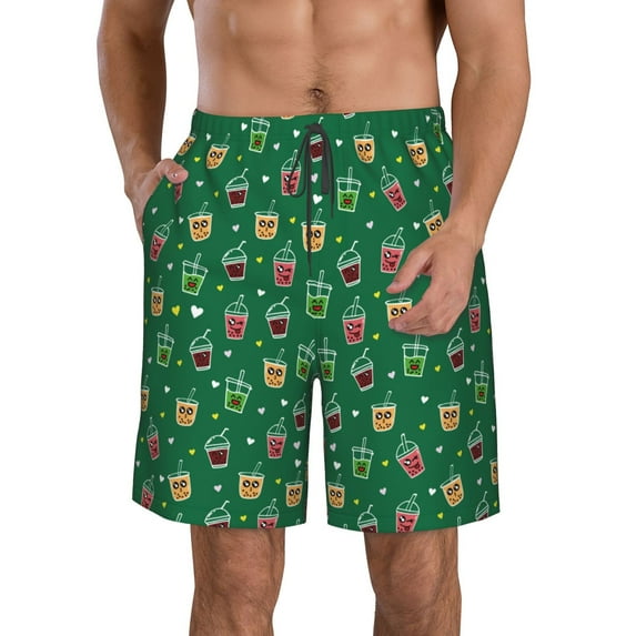 Pofeuu Boba Milk Tea Prin Men's Swim Trunks Quick Dry Bathing Suit Swimming Board Shorts Mesh Lining Beach Swimwear-Large