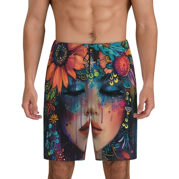 Pofeuu Bohemian Colorful Flower Woman Print Men's Soft Woven Elastic Waistband Sleep Pajama Short-Large