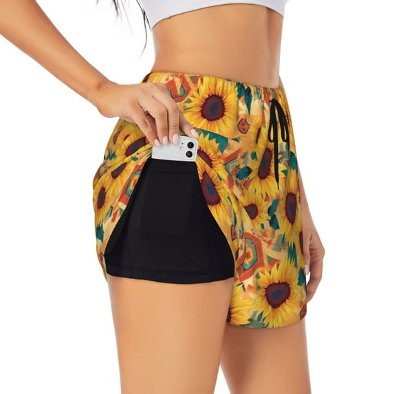 Pofeuu Bohemian Sunflower Print Women's Athletic Shorts Running Workout Shorts Tummy Control Quick Dry Gym Shorts with Pockets Double layer sports shorts-Large