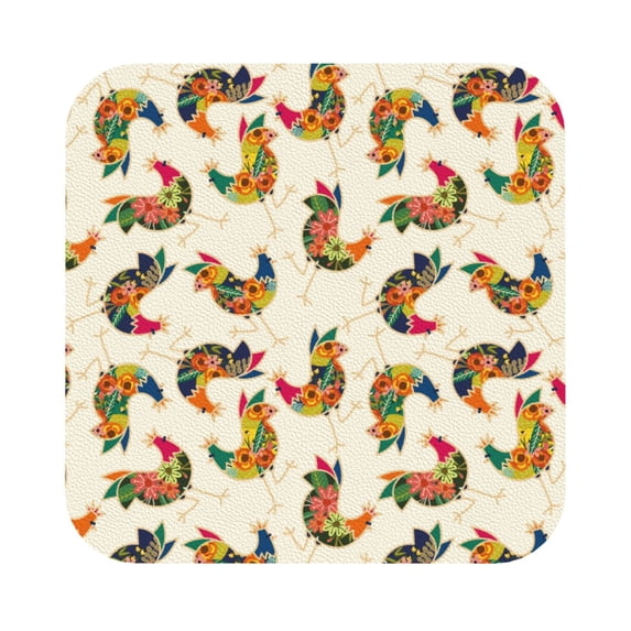 Pofeuu Boho Chicken Print Leather Coasters Set of 6, Round Cups Mugs Mat Pad for Home Kitchen Heat Resistant Drink Coasters,Square