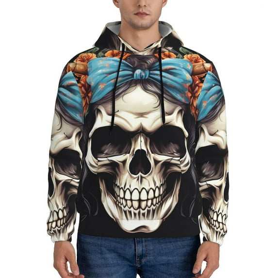 Pofeuu Bow Flower Skull Print Mens Casual Hooded Collar Drawstring Hoodies Pullover Sweatshirts Casual Long Sleeve Shirts-3X-Large