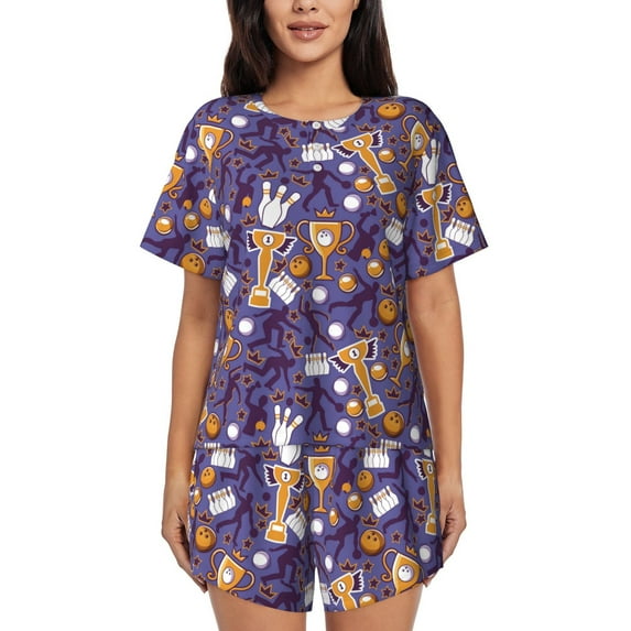 Pofeuu Bowling Game Print Women's Pajama Set Short/Shorts Soft Button PJs Elastic Drawstring Waist Sleepwear-Medium