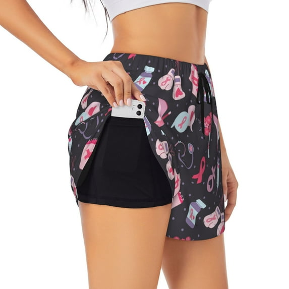 Pofeuu Breast Cancer Awareness1 Print Women's Athletic Shorts Running Workout Shorts Tummy Control Quick Dry Gym Shorts with Pockets Double layer sports shorts-Large
