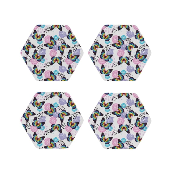 Pofeuu Bright Butterflies1 Print Coasters for Drinks, 4Pack PU Leather Coasters, Bar Drink Coasters for Tabletop Protection, Furniture from Damage-Hexagon