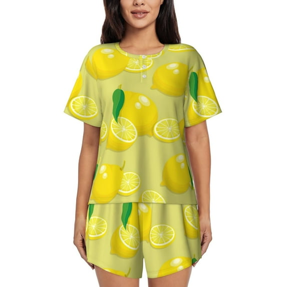 Pofeuu Bright Lemons Print Women's Pajama Set Short/Shorts Soft Button PJs Elastic Drawstring Waist Sleepwear-3X-Large