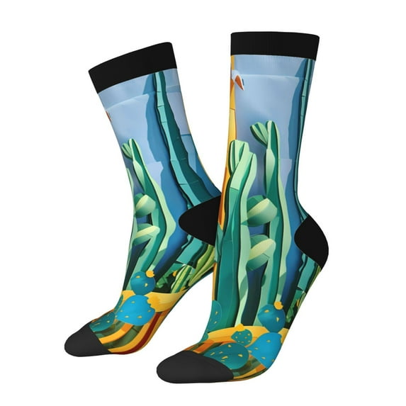 Pofeuu Bright Paper Cactus Scene Print Crew Socks, Adult Running Hiking Socks for Youth and Adult