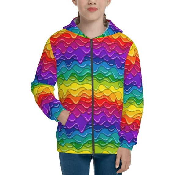 Pofeuu Bright Rainbow Print Teenage Zipper Hoodie Sweatshirts Hooded Casual Jackets With Pocket For Boys Girls-Medium