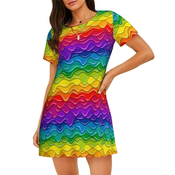 Pofeuu Bright Rainbow Print Women's Loose Fit Short Sleeve Nightgown, Comfortable Sleep Dress for Women, Casual Lounge Sleepwear, Soft Cotton Sleep Dress