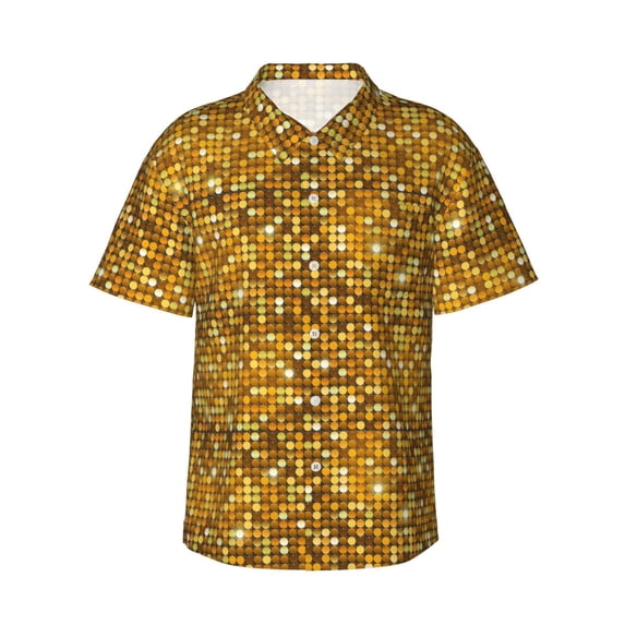 Pofeuu Bright Shiny Golden Print Hawaiian Shirt for Men Sleeves Casual Button Down Summer Beach Dress Shirts T-Shirts,X-Large