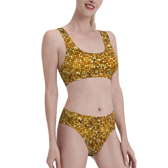 Pofeuu Bright Shiny Golden Print Womens Bathing Suits Modest High Waisted Bikini Sets Cute Halter 2 Piece Swim Suit