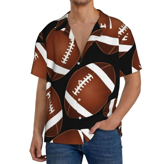 Pofeuu Brown Football On Black Print Mens Casual Short Sleeve Shirts Beach Summer Spread Collar Pocket Tops Men's Casual Short-sleeved Shirt-XX-Large