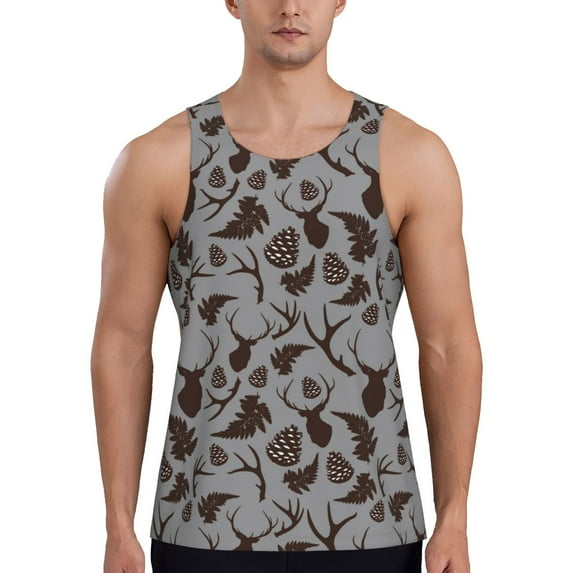 Pofeuu Brown Moose with Pinecones Print Men's Workout Tank Tops Sleeveless Muscle Gym Shirt Quick Dry-Large