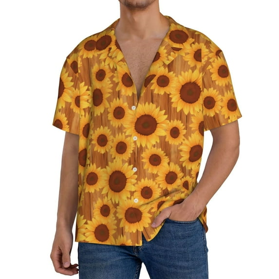 Pofeuu Brown Wood Grain Sunflower A Print Mens Casual Short Sleeve Shirts Beach Summer Spread Collar Pocket Tops Men's Casual Short-sleeved Shirt-Medium