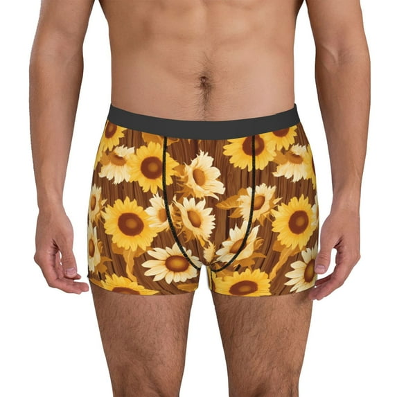 Pofeuu Brown Wood Grain Sunflower B Print Men’s Boxer Briefs, Moisture-Wicking Underwear, Regular,Trunk-X-Large