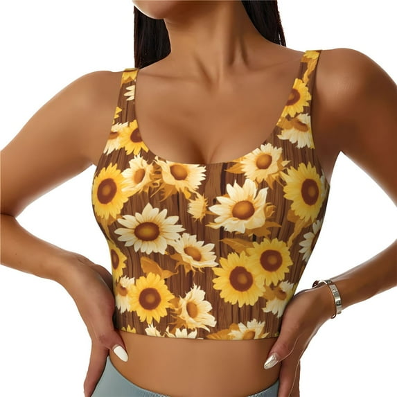 Pofeuu Brown Wood Grain Sunflower B Print Sports Bra for Women Sexy Vest Yoga Running Gym Fitness Crop Bras Tops-Large