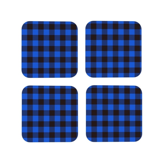 Pofeuu Buffalo Plaid Blue Black Print Coasters for Drinks, 4Pack PU Leather Coasters, Bar Drink Coasters for Tabletop Protection, Furniture from Damage-Square