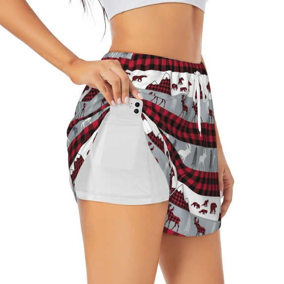Pofeuu Buffalo Plaid Forest Print Women's Athletic Shorts Running Workout Shorts Tummy Control Quick Dry Gym Shorts with Pockets Double layer sports shorts-Large