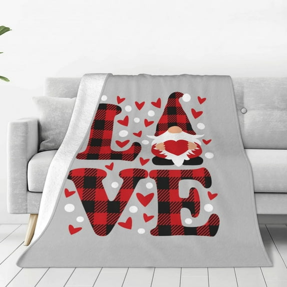 Pofeuu Buffalo Plaid Love And Gnome Print Ultra-Soft Micro Fleece Blanket,for Bed Or Sofa,All Season Throw Blankets Flannel Blanket-80"x60"