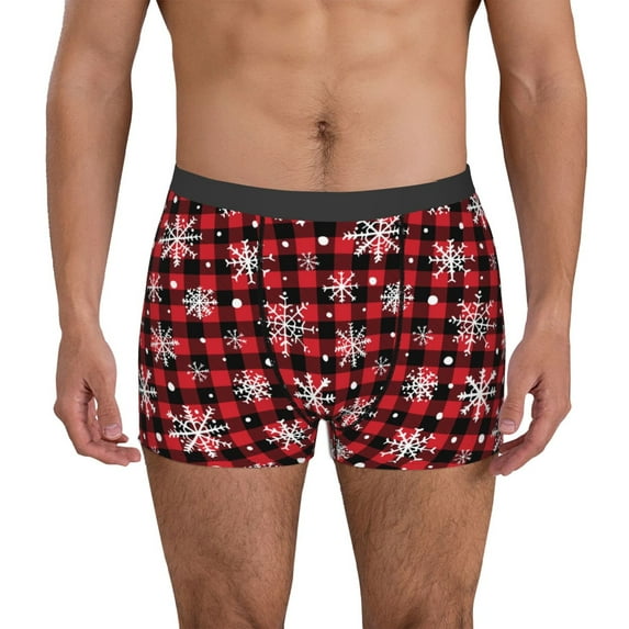 Pofeuu Buffalo Plaid Snowflakes Print Men’s Boxer Briefs, Moisture-Wicking Underwear, Regular,Trunk-Large