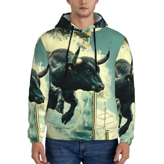Pofeuu Bull Charging Through Waves Print Mens Casual Hooded Collar Drawstring Hoodies Pullover Sweatshirts Casual Long Sleeve Shirts-4X-Large