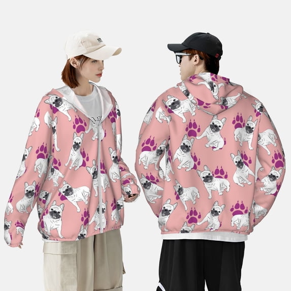 Pofeuu Bulldog Print Sun Protection Outdoor Lightweight Full Zip UV Cooling Hoodie Long Sleeve Summer Clothing for Outdoor Hiking-Small