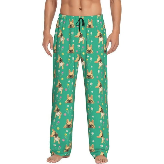 Pofeuu Bulldog Puppy Flower Print Men's Pajama Pants, Soft Lounge Pajama Pants with big pockets for Men Plaid Pj Bottoms-Large