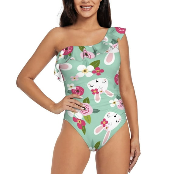 Pofeuu Bunny And Rose Print Women's One Piece Swimsuits One Shoulder Swimwear Asymmetric Ruffle Monokinis Bathing Suits-XX-Large