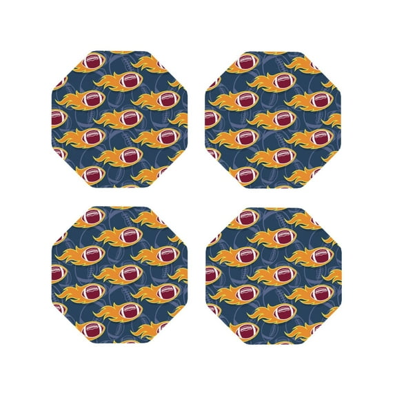 Pofeuu Burning Rugby Balls Print Coasters for Drinks, 4Pack PU Leather Coasters, Bar Drink Coasters for Tabletop Protection, Furniture from Damage-Octagon