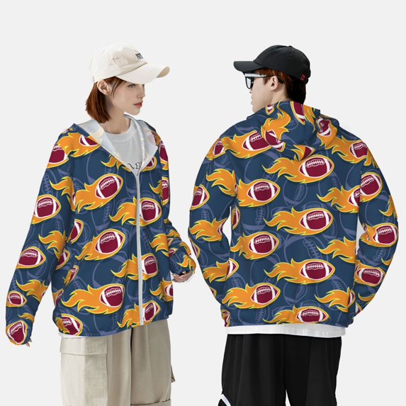 Pofeuu Burning Rugby Balls Print Sun Protection Outdoor Lightweight Full Zip UV Cooling Hoodie Long Sleeve Summer Clothing for Outdoor Hiking-XX-Large
