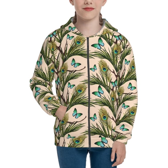 Pofeuu Butterflies And Peacock Feathers Print Teenage Zipper Hoodie Sweatshirts Hooded Casual Jackets With Pocket For Boys Girls-Medium