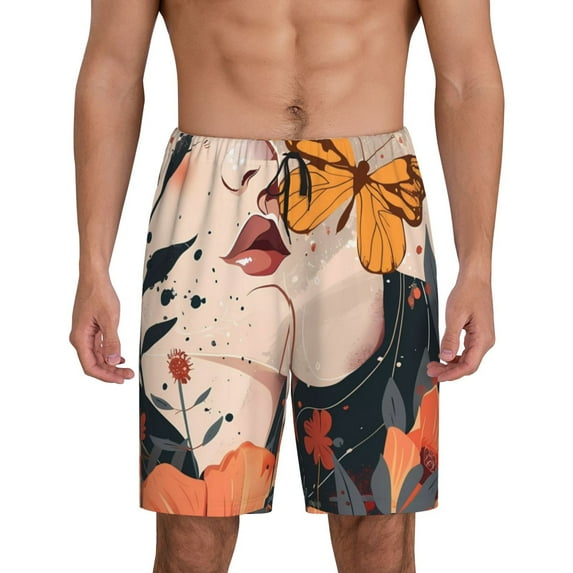 Pofeuu Butterfly Floral Elegance Print Men's Soft Woven Elastic Waistband Sleep Pajama Short-XX-Large