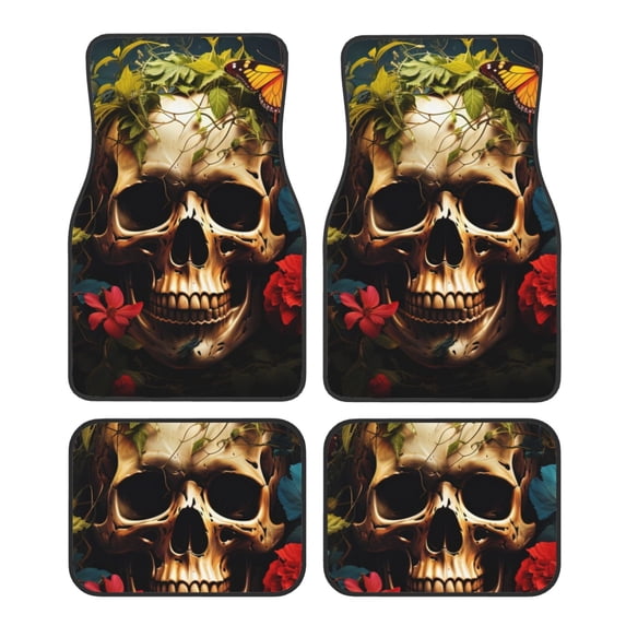 Pofeuu Butterfly Flower Plant Skull Print Car Foot Mat Set of 4 Pieces - All-Weather Full Set Floor Mats for Cars Trucks SUVs