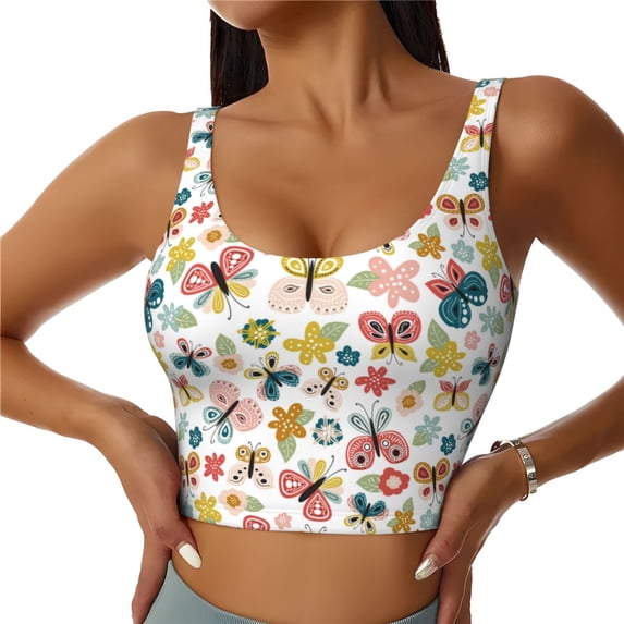 Pofeuu Butterfly Flowers Print Sports Bra for Women Sexy Vest Yoga Running Gym Fitness Crop Bras Tops-Large