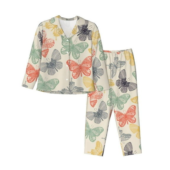 Pofeuu Butterfly Print Womens Pajamas Set Long Sleeve Sleepwear Button Down Nightwear Soft Pj Lounge Sets Button Down Pajamas Women-Medium