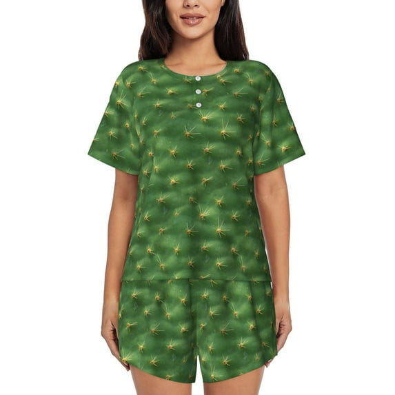 Pofeuu Cactus 3 Print Women's Pajama Set Short/Shorts Soft Button PJs Elastic Drawstring Waist Sleepwear-Medium