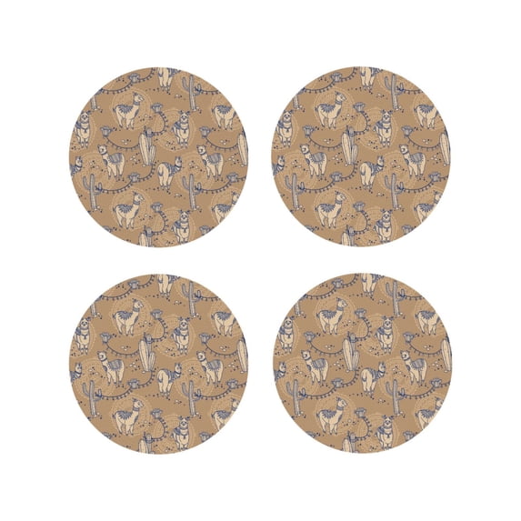 Pofeuu Cactus Alpaca Print Coasters for Drinks, 4Pack PU Leather Coasters, Bar Drink Coasters for Tabletop Protection, Furniture from Damage-Round Shape