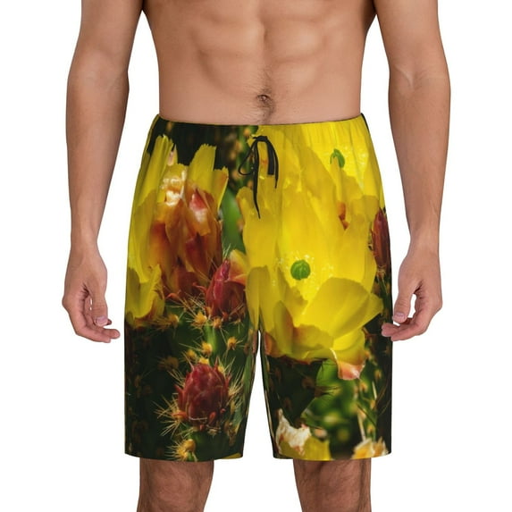 Pofeuu Cactus Flowers Print Men's Soft Woven Elastic Waistband Sleep Pajama Short-Medium