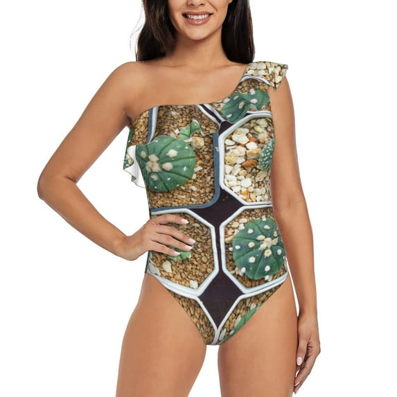 Pofeuu Cactus Garden Print Women's One Piece Swimsuits One Shoulder Swimwear Asymmetric Ruffle Monokinis Bathing Suits-XX-Large
