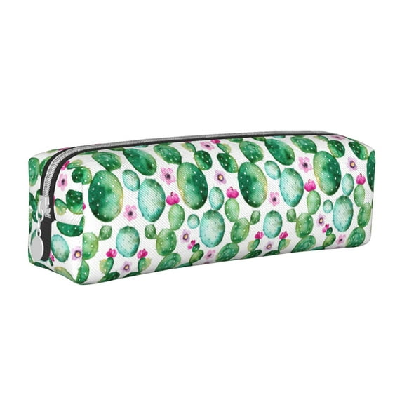 Pofeuu Cactus Plants Print Leather Pencil Case, Leather Pencil Pouch Large Capacity, Big Pencil Pouch with Zipper Vintage Pen Bag Fountain Pen Holder