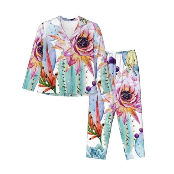 Pofeuu Cactus Print Womens Pajamas Set Long Sleeve Sleepwear Button Down Nightwear Soft Pj Lounge Sets Button Down Pajamas Women-Medium