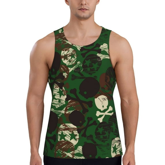 Pofeuu Camouflage Skull Print Men's Workout Tank Tops Sleeveless Muscle Gym Shirt Quick Dry-3X-Large