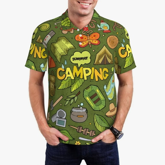 Pofeuu Camping 1 Print Men's Loose Fit Midweight Short-Sleeve Pocket Polo-XX-Large